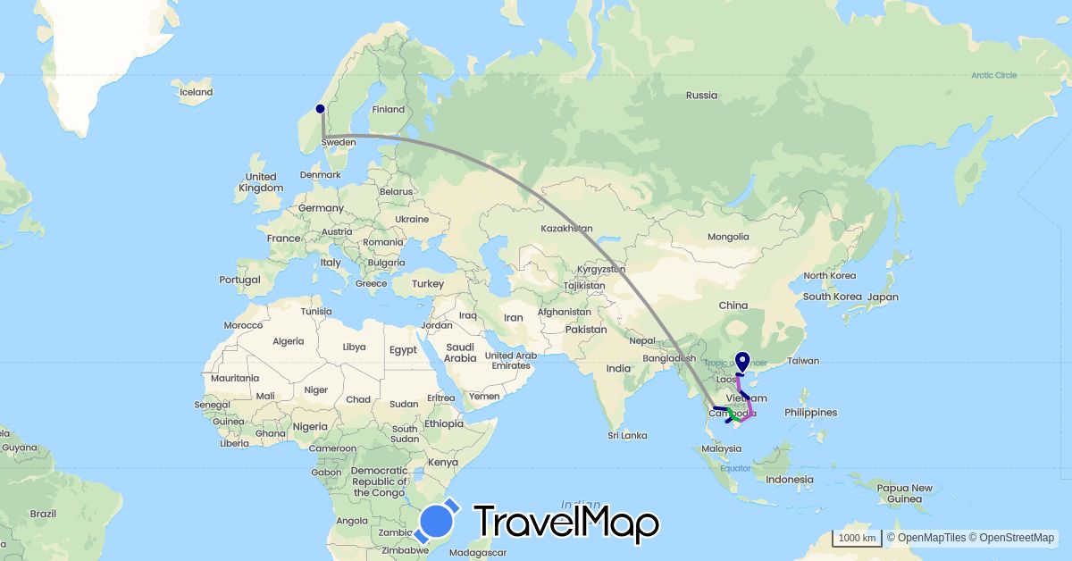 TravelMap itinerary: driving, bus, plane, train, boat in Cambodia, Norway, Thailand, Vietnam (Asia, Europe)